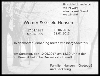 Traueranzeige von Werner Hansen von Rheinische Post