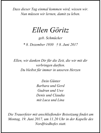 Traueranzeige von Ellen Göritz von Rheinische Post