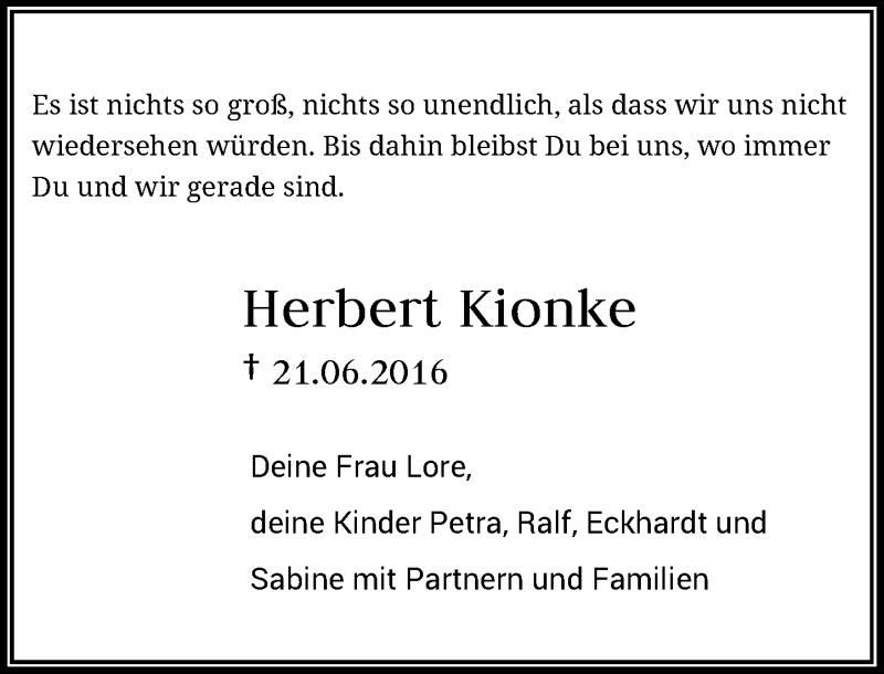  Traueranzeige für Herbert Kionke vom 21.06.2017 aus Rheinische Post