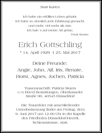 Traueranzeige von Erich Gottschling von Rheinische Post