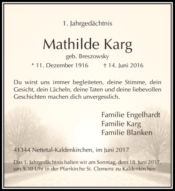Traueranzeige von Mathilde Karg von Rheinische Post
