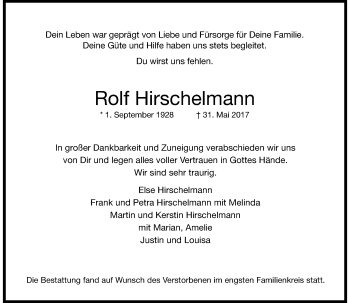 Traueranzeige von Rolf Hirschelmann von Rheinische Post