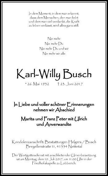 Traueranzeige von Karl-Willy Busch von Rheinische Post