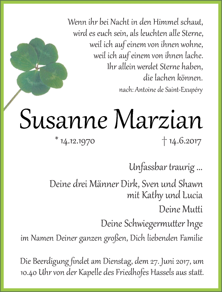  Traueranzeige für Susanne Marzian vom 24.06.2017 aus Rheinische Post