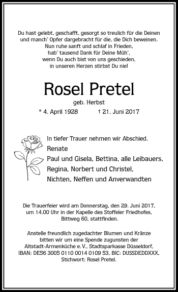 Traueranzeige von Rosel Pretel von Rheinische Post