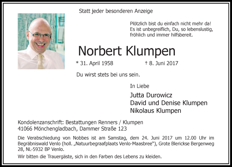  Traueranzeige für Norbert Klumpen vom 17.06.2017 aus Rheinische Post
