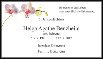 Traueranzeige von Helga Agathe Benzheim von Rheinische Post