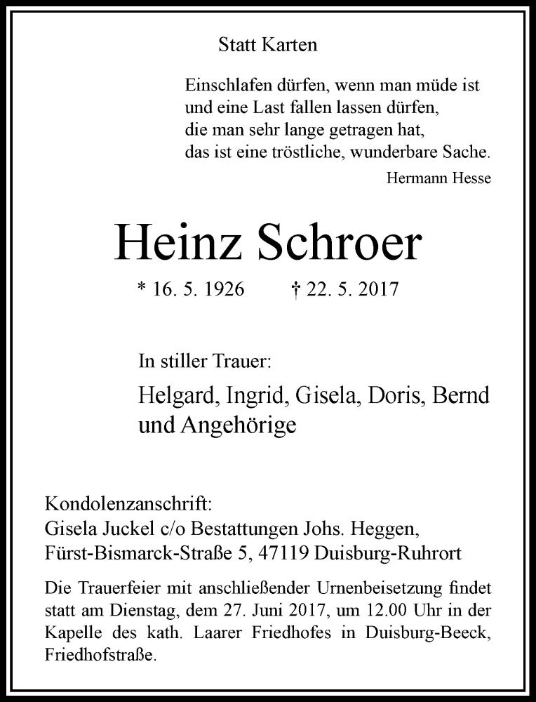  Traueranzeige für Heinz Schroer vom 17.06.2017 aus Rheinische Post