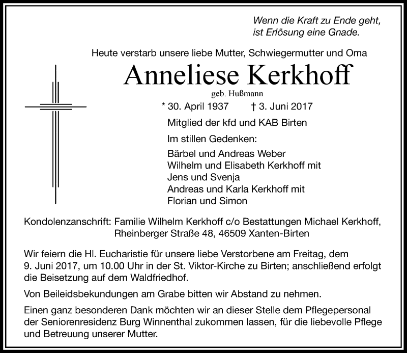  Traueranzeige für Anneliese Kerkhoff vom 06.06.2017 aus Rheinische Post
