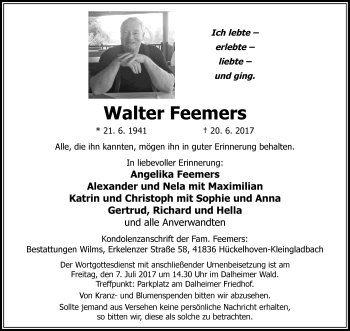 Traueranzeige von Walter Feemers von Rheinische Post