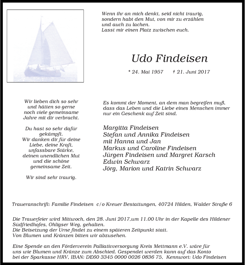  Traueranzeige für Udo Findeisen vom 24.06.2017 aus Rheinische Post