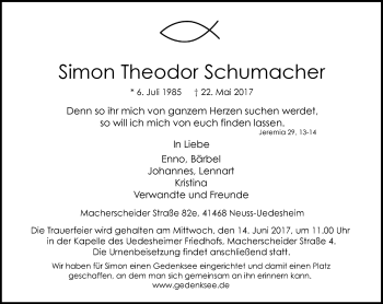 Traueranzeige von Simon Theodor Schumacher von Rheinische Post