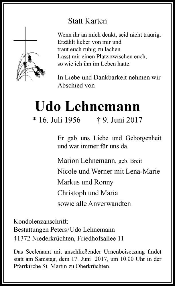  Traueranzeige für Udo Lehnemann vom 14.06.2017 aus Rheinische Post