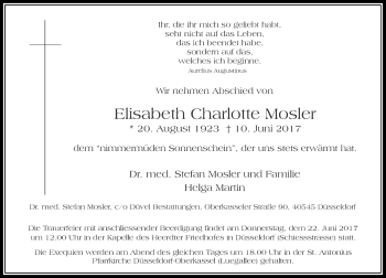 Traueranzeige von Elisabeth Charlotte Mosler von Rheinische Post