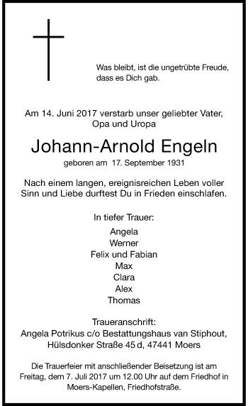 Traueranzeige von Johann-Arnold Engeln von Rheinische Post