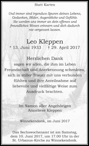 Traueranzeige von Leo Kleppen von Rheinische Post