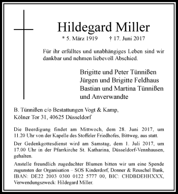 Traueranzeige von Hildegard Miller von Rheinische Post