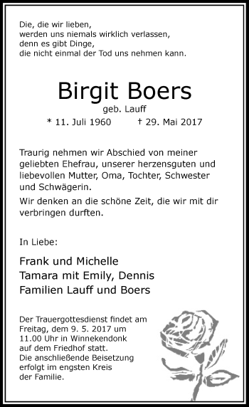 Traueranzeige von Birgit Boers von Rheinische Post