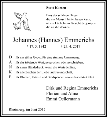 Traueranzeige von Johannes Emmerichs von Rheinische Post