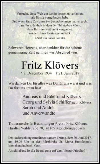 Traueranzeige von Fritz Klövers von Rheinische Post
