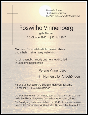 Traueranzeige von Roswitha Vinnenberg von Rheinische Post