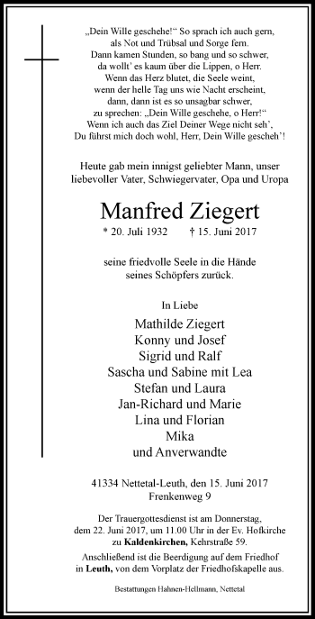Traueranzeige von Manfred Ziegert von Rheinische Post