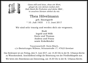Traueranzeige von Thea Hövelmann von Rheinische Post