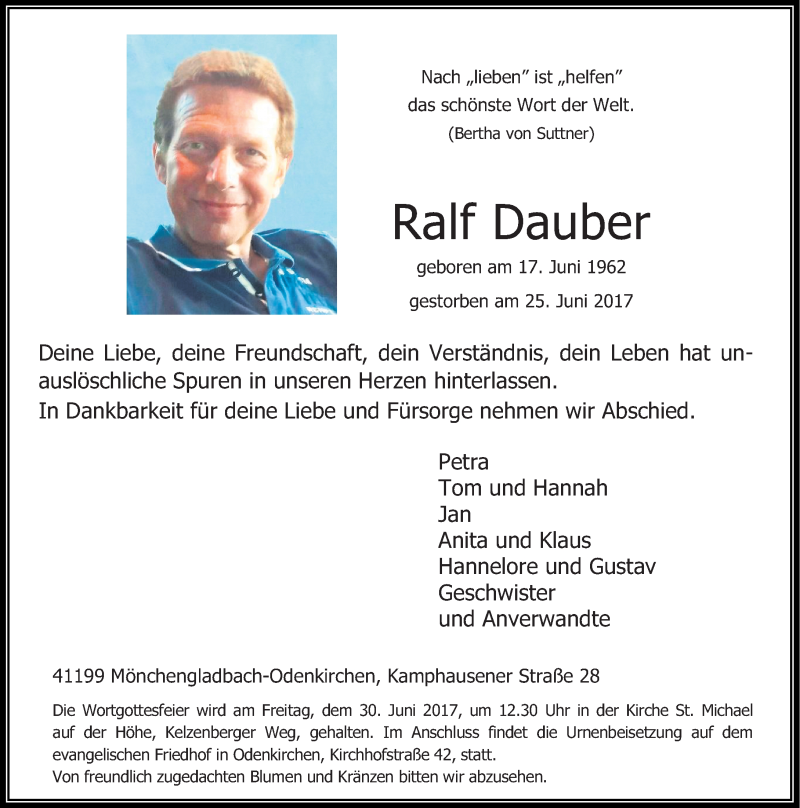  Traueranzeige für Ralf Dauber vom 27.06.2017 aus Rheinische Post
