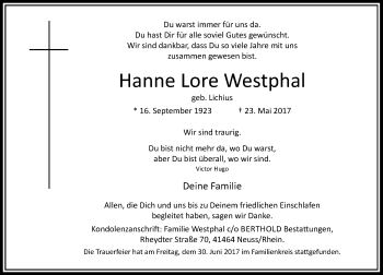 Traueranzeige von Hanne Lore Westphal von Rheinische Post