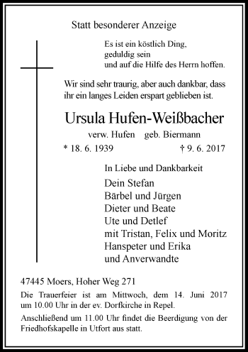 Traueranzeige von Ursula Hufen-Weißbacher von Rheinische Post