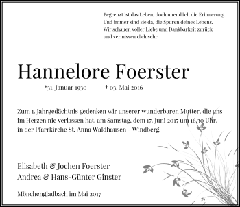 Traueranzeige von Hannelore Foerster von Rheinische Post