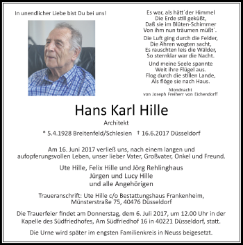 Traueranzeige von Hans Karl Hille von Rheinische Post