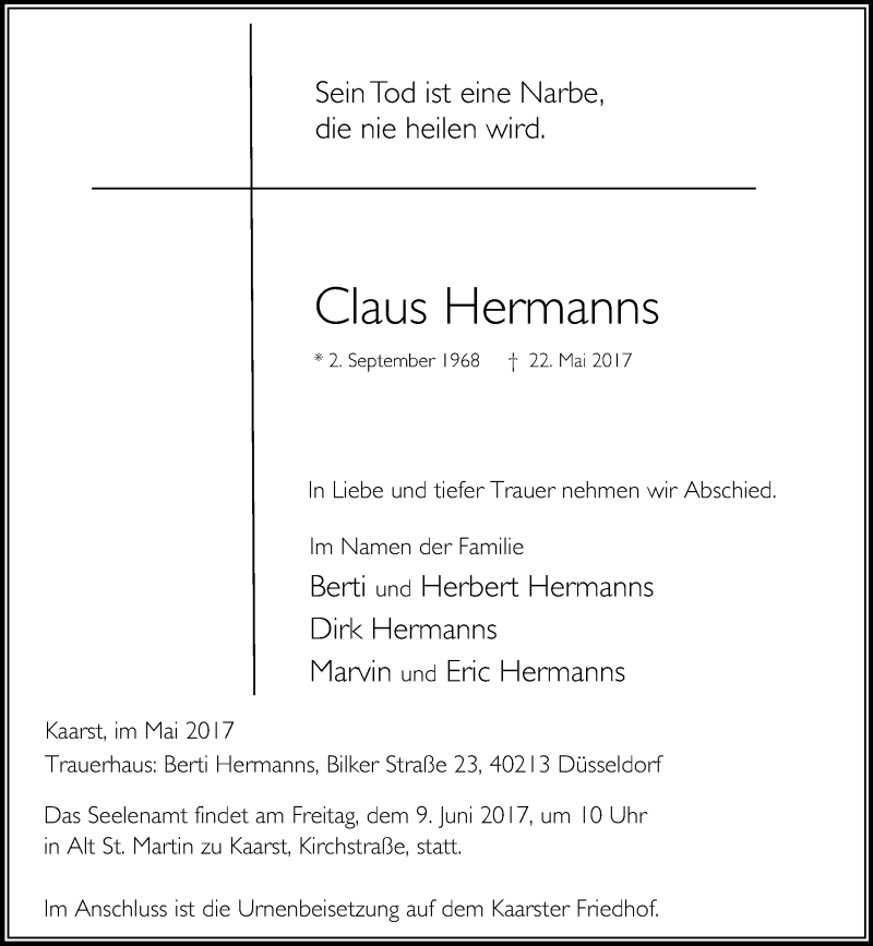  Traueranzeige für Claus Hermanns vom 03.06.2017 aus Rheinische Post