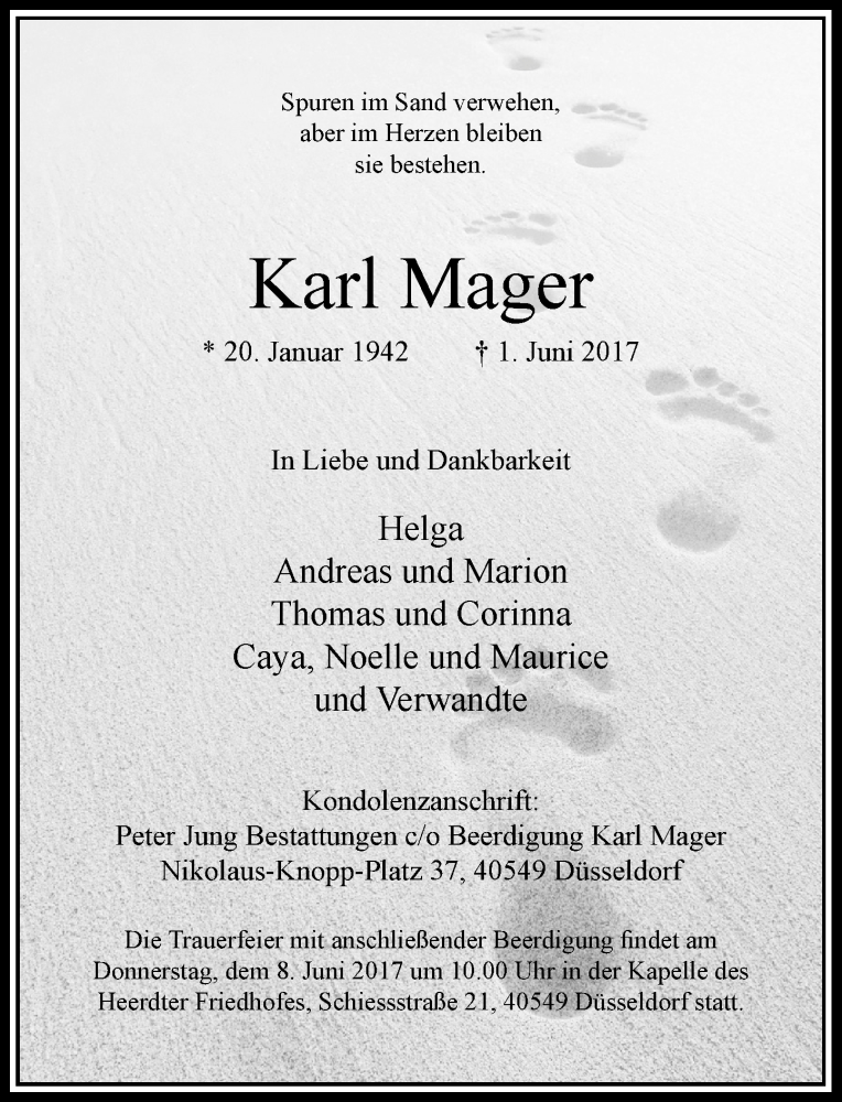  Traueranzeige für Karl Mager vom 03.06.2017 aus Rheinische Post