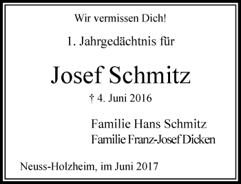 Traueranzeige von Josef Schmitz von Rheinische Post