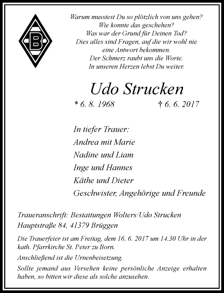  Traueranzeige für Udo Strucken vom 10.06.2017 aus Rheinische Post