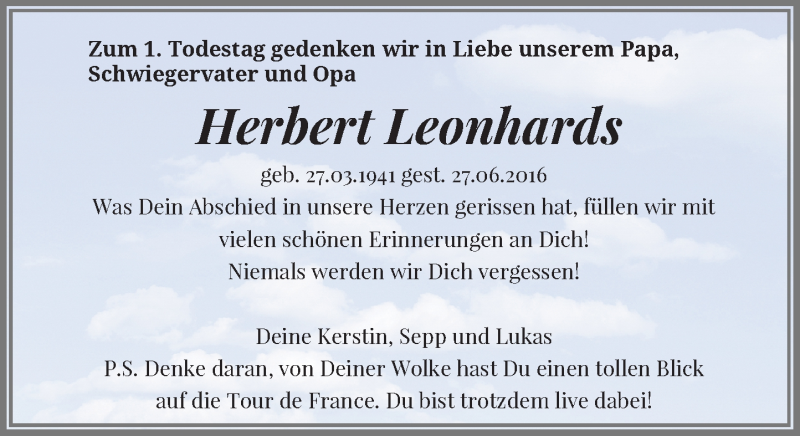  Traueranzeige für Herbert  Leonhards vom 24.06.2017 aus Rheinische Post
