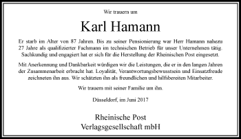 Traueranzeige von Karl Hamann von Rheinische Post