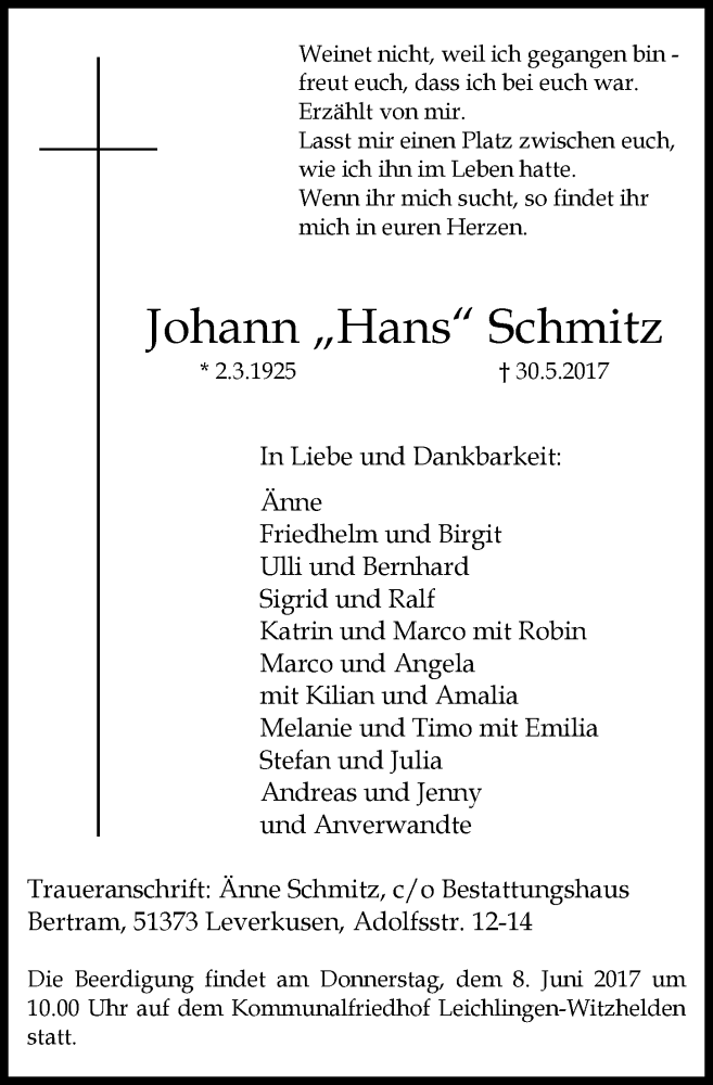  Traueranzeige für Johann Schmitz vom 03.06.2017 aus Rheinische Post
