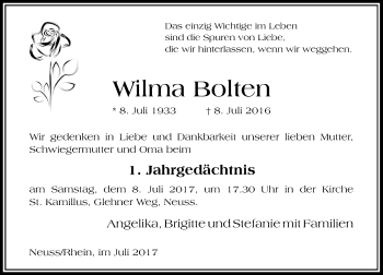 Traueranzeige von Wilma Bolten von Rheinische Post