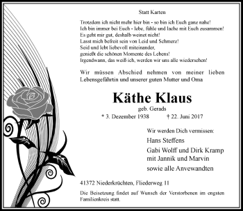 Traueranzeige von Käthe Klaus von Rheinische Post