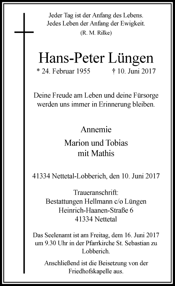  Traueranzeige für Hans-Peter Lüngen vom 13.06.2017 aus Rheinische Post