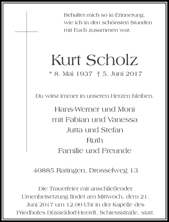 Traueranzeige von Kurt Scholz von Rheinische Post