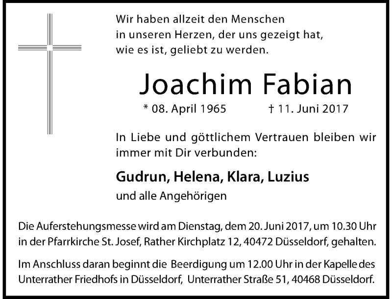  Traueranzeige für Joachim Fabian vom 14.06.2017 aus Rheinische Post