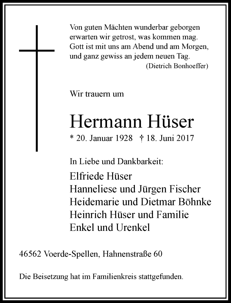  Traueranzeige für Hermann Hüser vom 27.06.2017 aus Rheinische Post