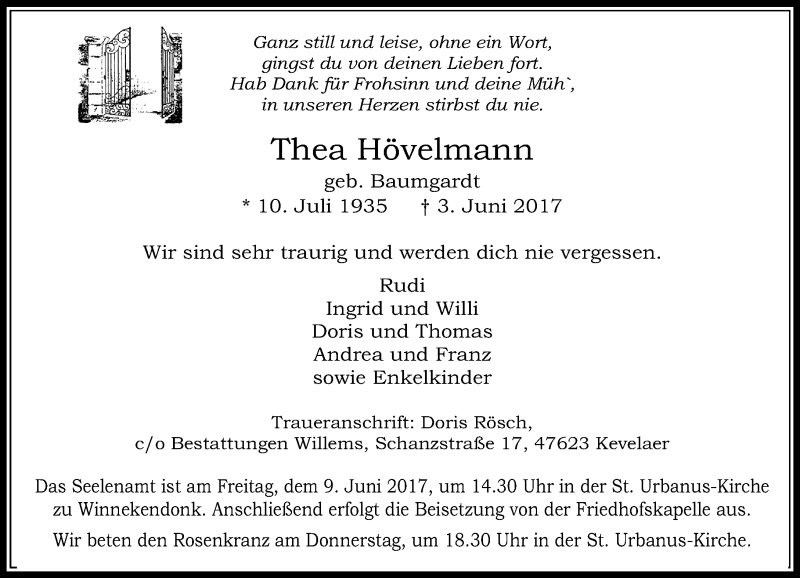  Traueranzeige für Thea Hövelmann vom 06.06.2017 aus Rheinische Post