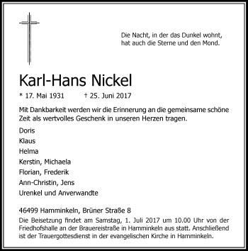 Traueranzeige von Karl-Hans Nickel von Rheinische Post