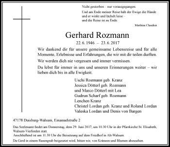 Traueranzeige von Gerhard Rozmann von Rheinische Post