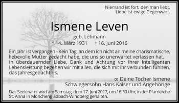 Traueranzeige von Ismene Leven von Rheinische Post