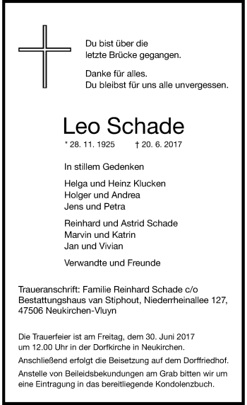 Traueranzeige von Leo Schade von Rheinische Post